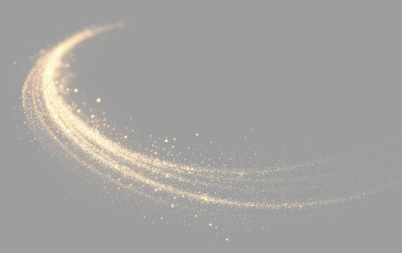 Golden luminous swirl with flowing light trails and glittering dust particles forming a dynamic circular vortex on a soft gray background.