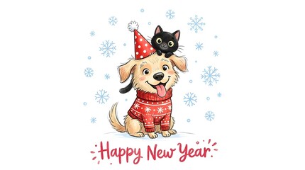 Fototapeta premium Cute watercolor illustration of a puppy and kitten celebrating new year day with festive hats and winter sweaters