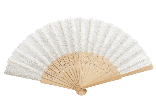 Elegant white lace hand fan with intricate floral patterns and carved wooden ribs, isolated on a clean white background