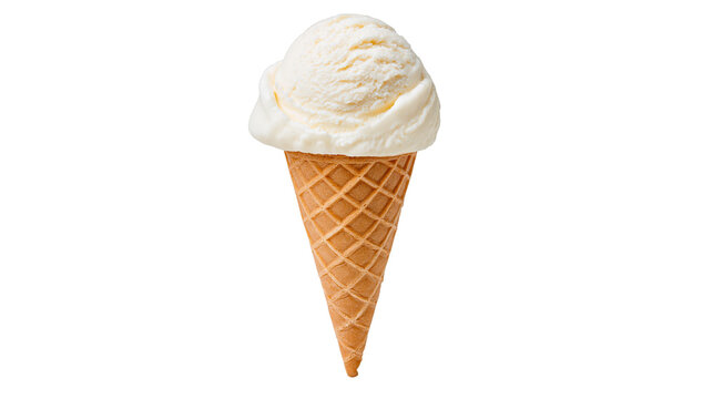 Creamy vanilla ice cream scoop in a crisp waffle cone, isolated on transparent background