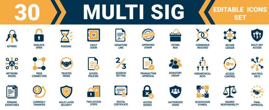 Set of 30 multi sig blockchain and digital security icons for cryptocurrency transactions and business data access Minimal solid fill icon set bundle collection. Editable Vector Illustration Mega pack