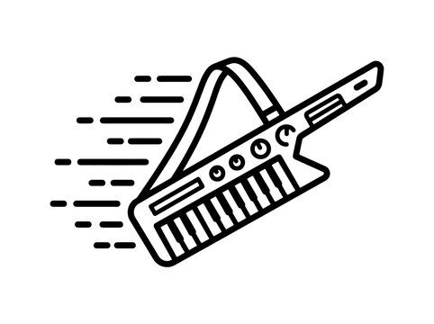 A black line art keytar with motion lines symbolizing speed and music
