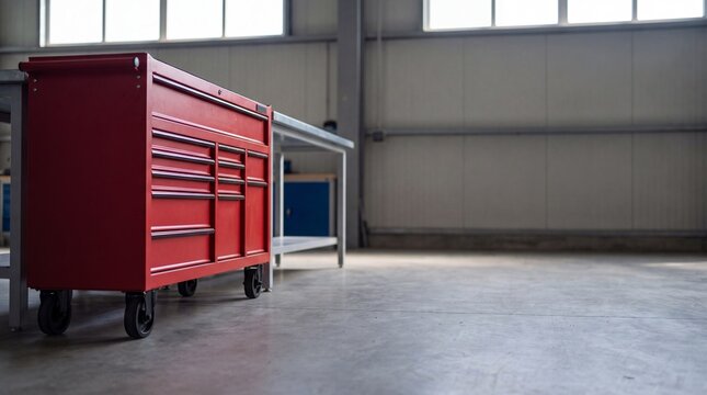 Red metal rolling tool cabinet in a spacious modern industrial workshop
