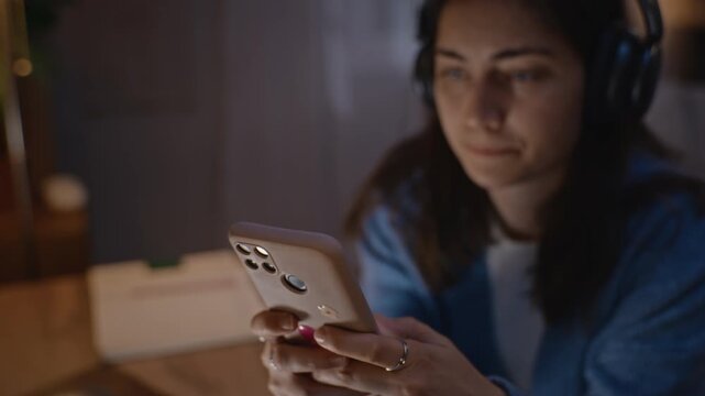 Caucasian young adult woman wearing headphones holding smartphone, rubbing eyes in fatigue during late-night work. Ideal for campaigns on digital burnout, remote work stress, or screen addiction