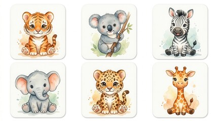 Naklejka premium Set of Cute Watercolor Baby Animals Illustrations Including Tiger Koala Zebra Elephant Leopard and Giraffe for Nursery Decor