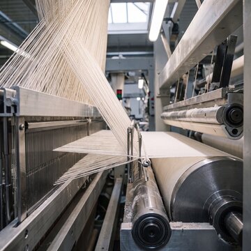 Automated weaving machine processing white cotton threads in a textile factory
