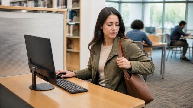 Shared device logout habit: A library user closes a blank browser and signs out before leaving a public computer, screen angled away