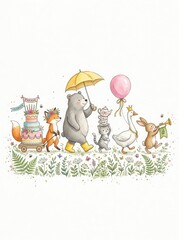 Fototapeta premium Whimsical Animal Parade Illustration with Fox Bear Cat Goose and Rabbit Celebrating a Birthday Party on White Background
