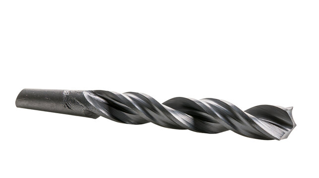 Metal drill bit with spiral flutes, isolated on transparent background