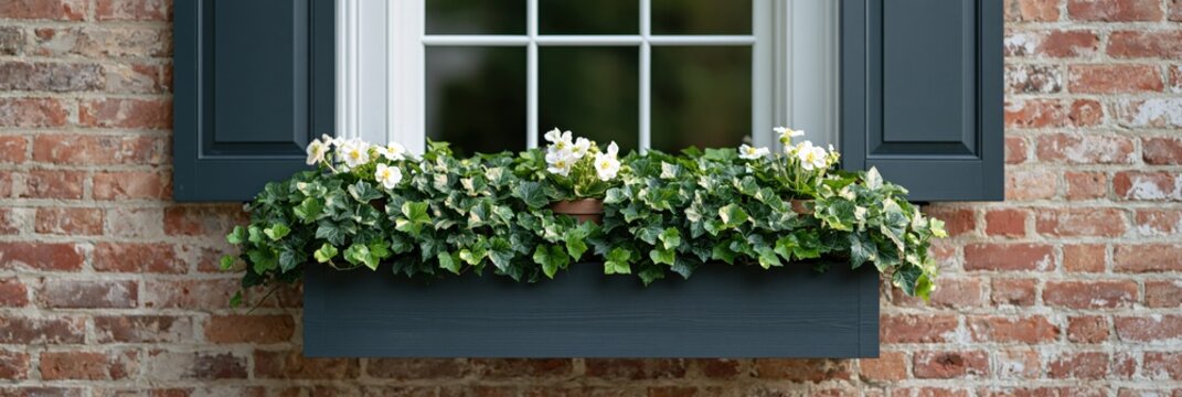 Narrow window box full of white blooms and trailing ivy beneath a classic window with dark shutters on textured brick exterior