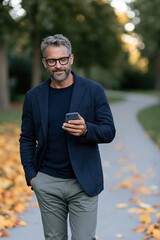 Fototapeta premium Mature man walking in a park checking a smartphone among autumn fallen leaves while dressed in a smart casual blazer and glasses