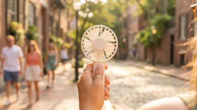 Hand holding portable handheld fan on a sunny summer day in a city street