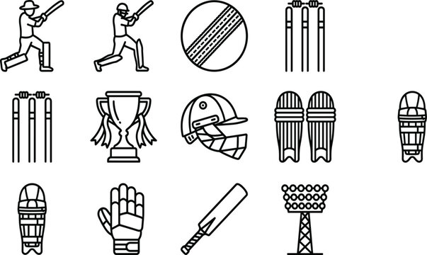 Minimalist Cricket Equipment and Player Icon Vector Set Featuring Batsmen Leather Ball Wickets Champion Trophy Helmet Protective Pads Glove and Stadium Floodlights