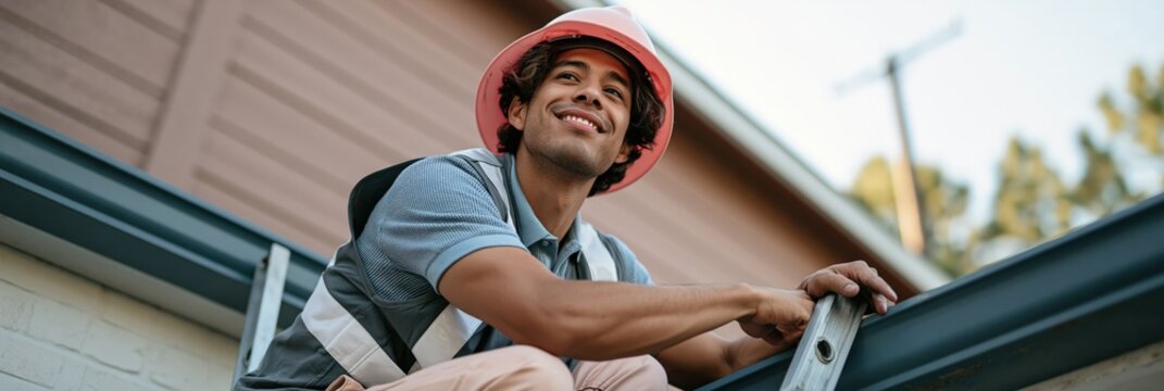 Smiling roofer on ladder panoramic view inspecting gutter wearing hard hat and safety vest for construction maintenance and home repair advertising