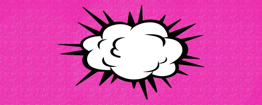 Animated comic speech bubble explosion cloud with black burst lines on textured pink background pop art frame seamless looping motion graphic video overlay clip