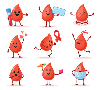 Blood drop characters. Cute funny red droplet, blood donation donor mascot happy emotion cartoon character expression love heart medical set icon design neat vector illustration