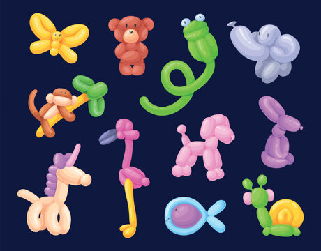Balloon sculptures. Balloons animal figure, long Inflatable abstract shape, pet child toy cute animals fish snake unicorn horse birthday party cartoon y2k neat vector illustration
