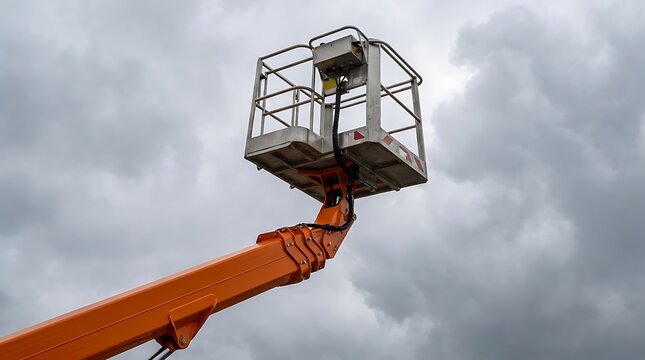Industrial cherry picker lift platform extended against a cloudy sky for construction work.
