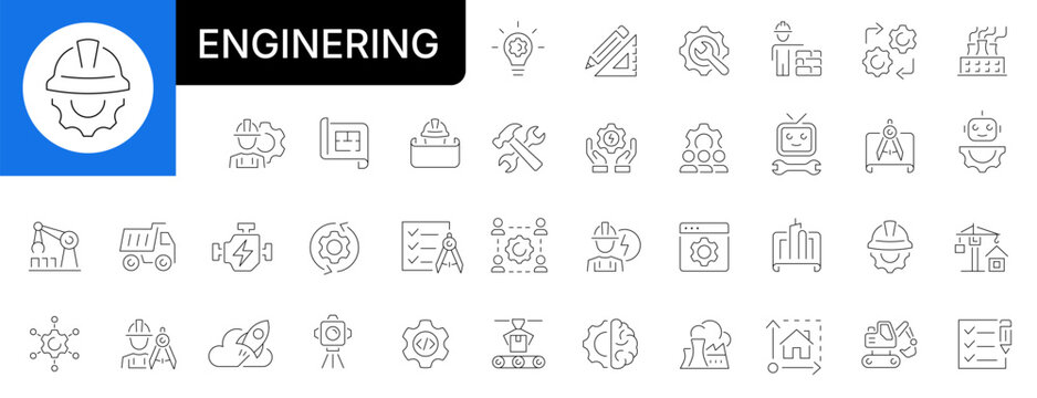 Industrial production, architectural blueprint, mechanic worker, building project and equipment outline symbols. Editable stroke.