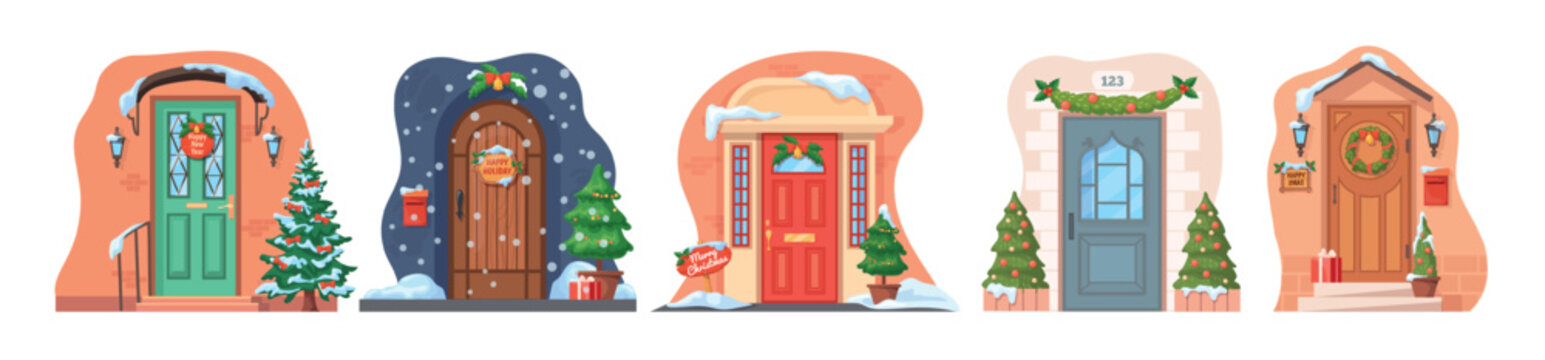 Christmas entrance doors. Home xmas decoration, decorated facade winter holiday front door porch garland lamp wreath lantern fir tree snow house building, neat vector illustration