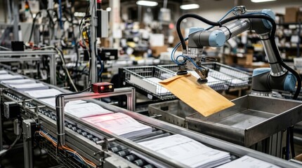 Fototapeta premium Automated finance workflow with conveyor track, paper invoices, barcode scanner, robotic arm, and envelopes moving between trays