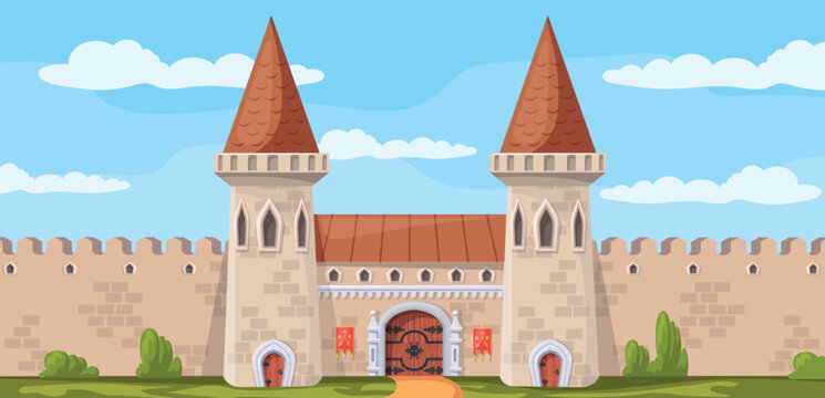 Castle wall gate. Medieval stone fortress entrance cartoon background, old brick tower ancient palace building wood door gate fort with window fantasy game neat vector illustration