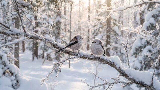Two Japanese long-tailed tits perched on a snow-covered branch in a winter forest