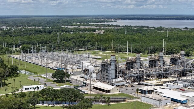 Aerial view of the FPL Sanford Power Plant featuring industrial structures, electrical substations, and surrounding green landscape near the St. Johns River in DeBary, Florida, United States.