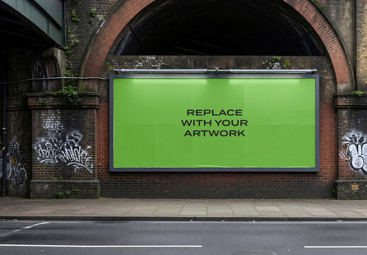 Large billboard mockup displayed on a brick wall within an arched tunnel, urban street scene with graffiti, realistic outdoor advertising template for graphic design presentation