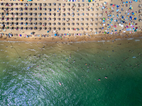 Top Down Aerial View of Crowded Golden Sands Beach in Bulgaria