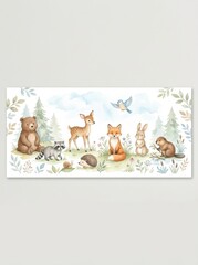 Fototapeta premium Cute Woodland Animals Watercolor Illustration Banner with Bear Fox Deer and Raccoon for Nursery Decor