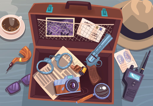 Detective briefcase. Open suitcase spy secret agent equipment on investigator inspector table, coffee newspaper police crime case in bag luggage, cartoon classy vector illustration