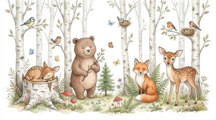 Fototapeta premium Cute Watercolor Forest Animals Illustration with Bear Fox Deer and Birds in Birch Wood for Nursery Decor