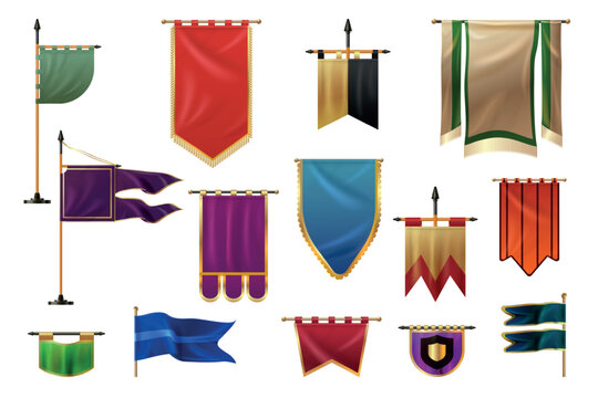 Medieval pennants. Realistic pennant, red royal flag old gold heraldic knight banner pole badge vintage pennon battle trophy 3d mockup border isolated exact vector illustration