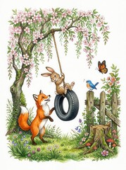 Fototapeta premium Whimsical Watercolor Illustration of a Fox Pushing a Rabbit on a Tire Swing Under a Blooming Cherry Blossom Tree in a Spring Garden