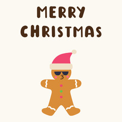 Fototapeta premium Minimalist merry christmas typography poster with cute gingerbread man character in santa hat and sunglasses flat vector illustration happy winter food mascot design