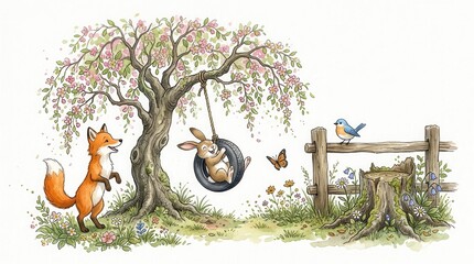 Fototapeta premium Whimsical Watercolor Illustration of a Fox and Rabbit Playing on a Tire Swing Under a Blooming Spring Tree