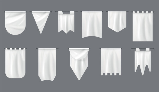 Pennants mockup. Realistic white flag, blank banner isolated triangle pennant vertical pendant fabric wall hanging empty canvas pennon emblem cloth 3d set exact vector illustration