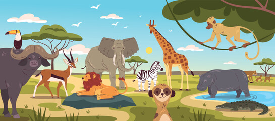 Naklejka premium Savanna animals landscape. African jungle animal wildlife, africa wild nature cartoon background safari park scene hippo lion zebra ape elephant, zoo classy vector illustration