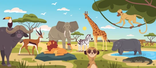 Fotobehang Zoo Savanna animals landscape. African jungle animal wildlife, africa wild nature cartoon background safari park scene hippo lion zebra ape elephant, zoo classy vector illustration  © ssstocker