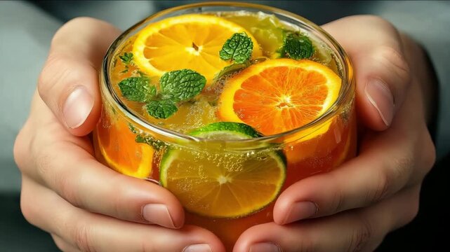 Close-up of a citrus beverage with orange lime slices and mint leaves held in hands on a dark blurred background concept of health supplements or natural vitamins.