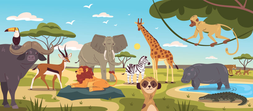 Savanna animals landscape. African jungle animal wildlife, africa wild nature cartoon background safari park scene hippo lion zebra ape elephant, zoo classy vector illustration