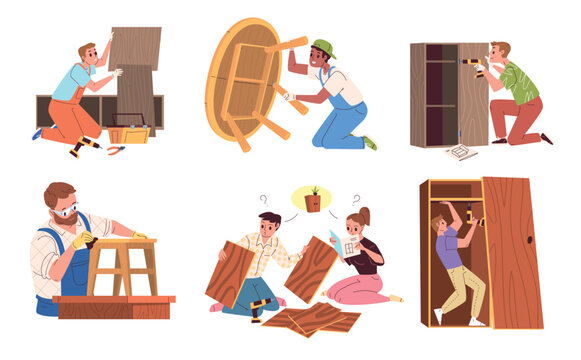 Furniture assembly. People home repair diy, chair assemble carpenter handyman wood worker making cabinet wooden wardrobe workshop drill screwdriver tool classy vector illustration