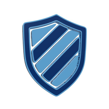 Three dimensional blue shield icon with diagonal stripes for digital security and protection concepts transparent background