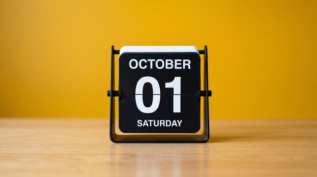 A retro style calendar shows the first day of october with saturday clearly visible on a bright yellow backdrop and warm woodgrain table