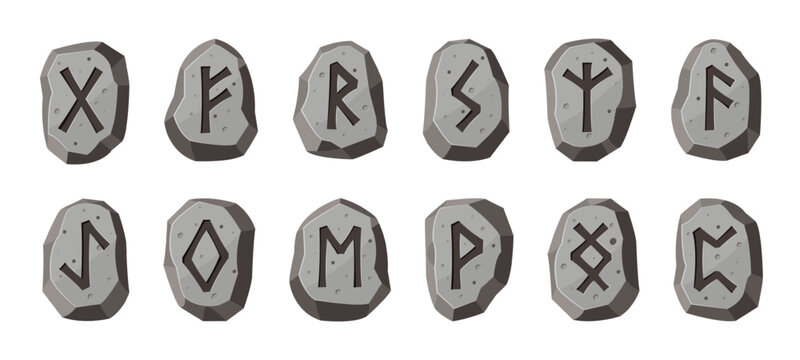 Rune stones. Viking nordic runic stone, ancient alphabet magic script esoteric fehu futhark elder norse celtic gothic oracle divination mystery sign qualitative vector illustration