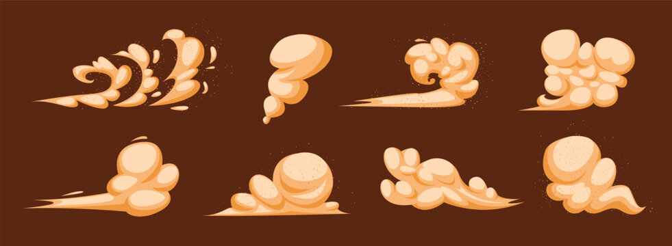 Sandstorm clouds. Desert wind sand dust cloud dirt smoke storm particle explosion flying brown gas sandy steam poof motion muddy soil dusty powder qualitative vector illustration