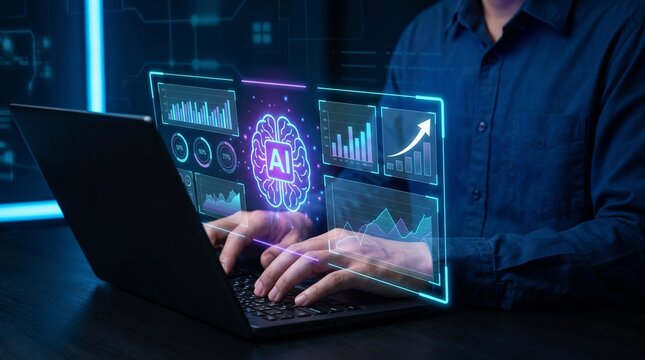 Person typing on laptop with ai data visualization with visualization floating above artificial intelligence person types above screen technology