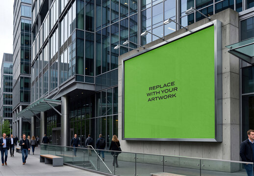 Large vertical billboard mockup with placeholder screen mounted on a concrete wall of modern glass office building, design, presentation, display