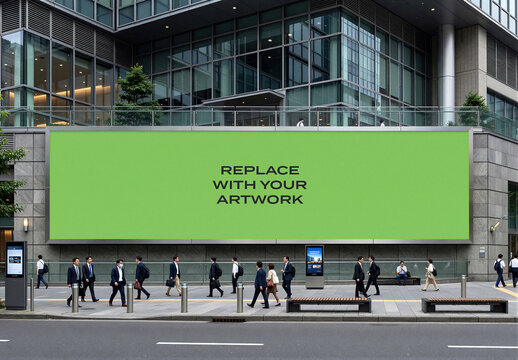 Large horizontal billboard mockup displayed on a modern glass office building facade with pedestrians walking city sidewalk, urban advertising display, commercial branding presentation